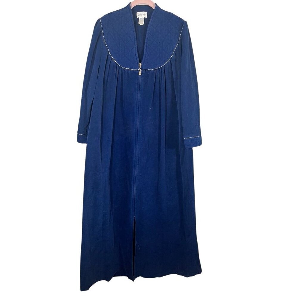 Vintage Vanity Fair Velour Robe Blue L House Coat Quilted 70s Metallic Retro 80s